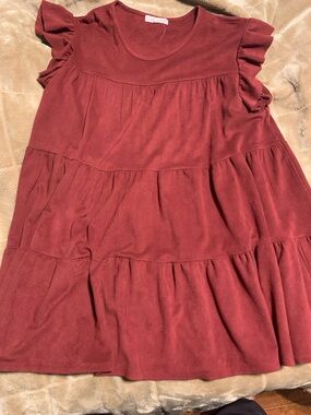 Ruffled Tiered Short Sleeve Dress - Deep Brick Red